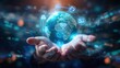 © kwanchanok - A 3D rendered image of hands emerging from a digital landscape, holding a crystal clear globe with digital and technological symbols like wifi signals, binary code, and smart city representatio