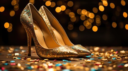 Wall Mural - women's gold pumps with sparkles on black background with confetti, festive concept