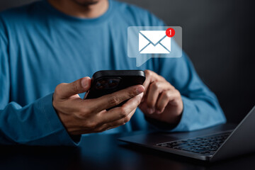 Poster - Businessman sending email by laptop computer to customer, business contact and communication, email icon, email marketing concept, send e-mail or newsletter, online working internet network.