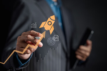 Leinwandbilder - Businessman rocket launch investment growth, planning and starting corporate business start up aiming objective value development leadership and customer target group...
