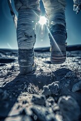 Wall Mural - a tight focus on astronaut boots during a moonwalk with the moons craters and a distant sun visible 