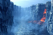 3d render of a canyon with walls of ice on one side and molten lava on the other a valley of contrast