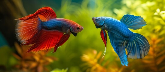 Wall Mural - Two colorful fish swimming together in a glass tank with water bubbles