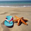 Flip-flops and an aquatic five-limbed critter clad with opaque spectacles lie on a seashore embedded with fine-grained siliceous material.