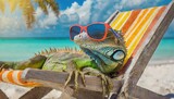 Fototapeta  - Iguana wearing sunglasses and lounging on a chair on the beach during a sunny summer day