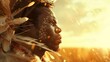 A Zulu warrior gazes into the distance with an air of determination his traditional headdress blowing in the wind. This warrior is a symbol of resilience and strength.