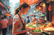 Illustration of portraying a young woman browsing food stalls at a bustling Asian street food.