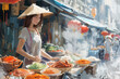 Illustration of a serene woman at a street food in an Asian market setting.