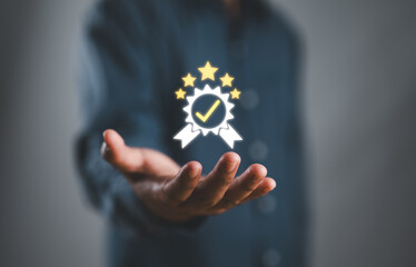 Poster - Quality management with Quality Assurance or QA and Quality Control or QC and improvement. Standardization and certification concept. Compliance to regulations and standards. Concept with manager.
