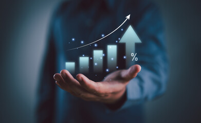 Poster - Business development to success and growing growth concept, graph with percentage sign and arrow up, represent in meanings of interest rate increase, performance, sales, percent growth.