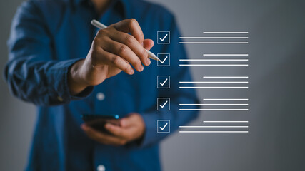 Poster - Business performance checklist, businessman using phone doing online checklist survey, filling out digital form checklist, take an assessment, questionnaire, evaluation, online survey, online exam.