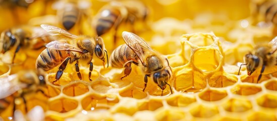 Poster - A beautiful swarm of bees gathering nectar on a bright yellow flower in a lush garden setting