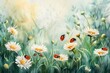 Tranquil watercolor painting depicting ladybugs on daisies in a sun-drenched meadow with a hazy background.