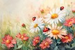 Vibrant watercolor illustration featuring ladybugs exploring a field of pastel-colored daisies and flowers at dawn.