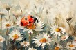 Close-up watercolor depiction of a ladybug on a daisy, set against a soft, natural meadow backdrop with muted tones.