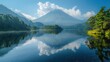 © haizah - The volcano is reflected on the lake, Volcanic mountain in morning light reflected in calm waters of lake.