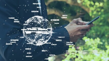 Poster - Animation of network of connections over globe and man using smartphone