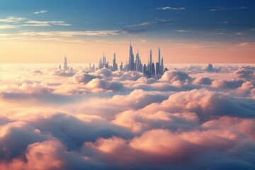 Poster - Pink clouds skyscraper. Nature pastel. Generate Ai