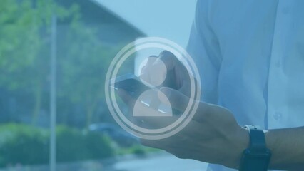 Poster - Animation of people icon and data processing over caucasian businessman using smartphone