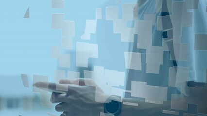 Poster - Animation of cloud icon and data processing over caucasian businessman using smartphone