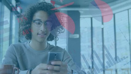 Poster - Animation of financial data processing over biracial man using smartphone