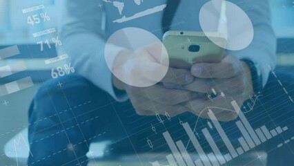 Poster - Animation of financial data processing over caucasian businessman using smartphone