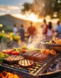 © Alexandra - Close up of BBQ food in a barbeque grill cooking with smoke, fire, meat, vegetables  and people in the background party