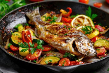 Wall Mural - Fried fish on plate with vegetables