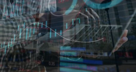 Poster - Animation of financial data processing over caucasian man using laptop