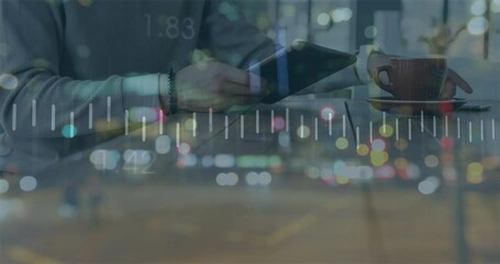 Poster - Animation of financial data processing over caucasian man using tablet