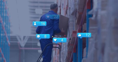 Poster - animation of icons and digital data processing over caucasian man working in warehouse