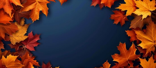 Wall Mural - Vibrant Blue Background with Bright Orange and Yellow Autumn Leaves for Seasonal Design