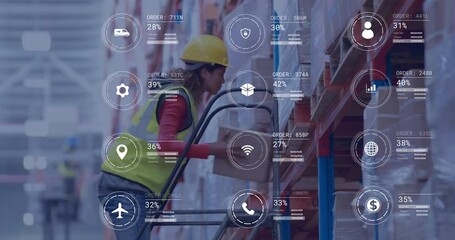 Poster - animation of icons and digital data processing over biracial woman working in warehouse