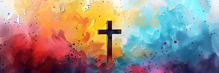 Wall Mural - Cross of Jesus Christ on a colorful watercolor background.