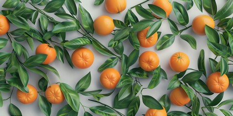 Wall Mural - Seamless pattern with a sprig of tangerines and leaves. Vintage botanical 3d illustration for printing fabric, wrapping paper, packaging