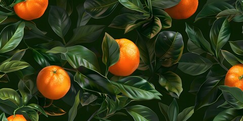 Wall Mural - Seamless pattern with a sprig of tangerines and leaves. Vintage botanical 3d illustration for printing fabric, wrapping paper, packaging