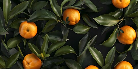 Wall Mural - Seamless pattern with a sprig of tangerines and leaves. Vintage botanical 3d illustration for printing fabric, wrapping paper, packaging