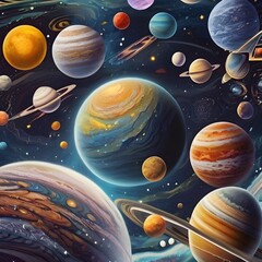  The Solar system, high quality, 8K Ultra HD, vivid colors, seamless patterns, fabric art, art station, starry night, many colorful and detailed designs combining magic and fantasy Generative AI