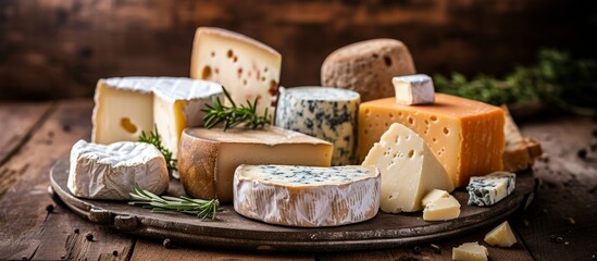 Canvas Print - Assorted plate of gourmet cheeses on rustic wooden table in cozy home setting