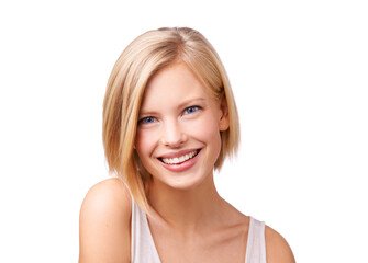 Poster - Portrait, hair and smile with aesthetic woman in studio isolated on white background for self care. Face, beauty and haircare with confident young person at salon for cosmetics or dermatology