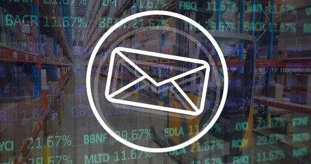 Poster - animation of email icon and financial data processing over warehouse