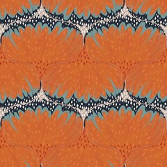 Wall Mural - Seamless tropical pattern, gouache painted abstract stylized plants, flower buds and petal texture background, boho style. orange, blue, pink, white colors