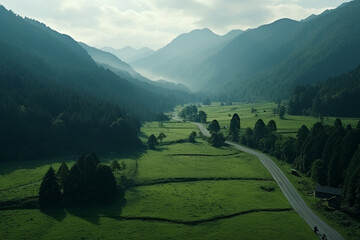 Wall Mural - aerial view of a narrow country road in a valley, winding through a dense forest, with large hills in the background