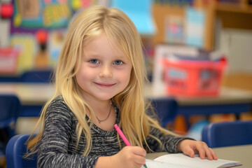 Little smiling blond girl sitting in the school classroom