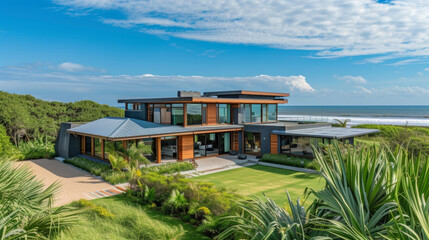 Architecturally striking home with a windresistant steel roof and strategically p windows for optimal natural light and ocean views.