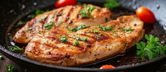 Sticker - Delicious pan-seared chicken dish with ripe tomatoes and fresh sprigs of parsley on a rustic wooden table