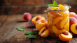 Canned peaches in jar with fresh peach, delicious fruit preservation concept, Generative Ai

