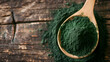 Organic spirulina algae powder in a wooden spoon on a white background, healthy superfood supplement concept, Generative Ai

