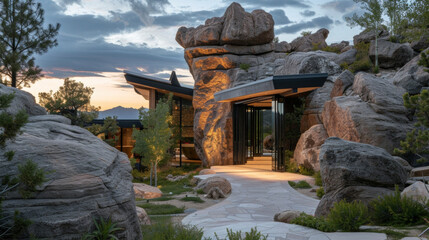 Wall Mural - The main entrance to this home is framed by a majestic boulder giving guests a glimpse of the stunning architecture and design that awaits inside.