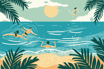 Sticker - Flat Design People Swimming at The Beach